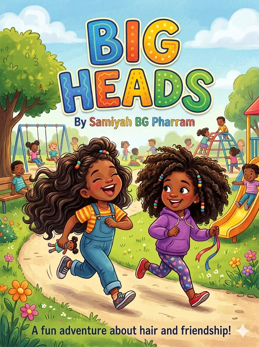 BIG HEADS book cover showing two girls with big curly hair running through a sunny playground