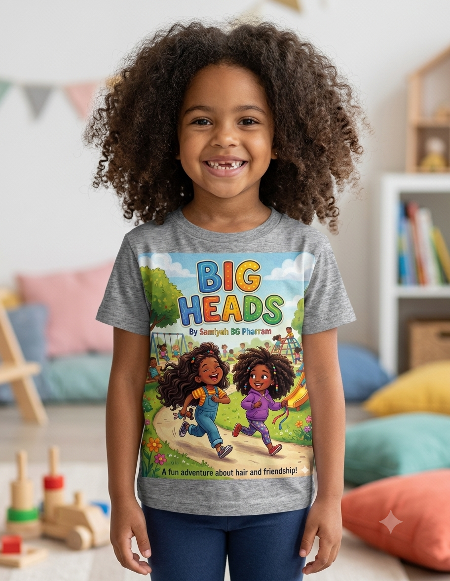 Grey t-shirt with a colorful BIG HEADS print showing two girls with big curly hair running through a sunny playground