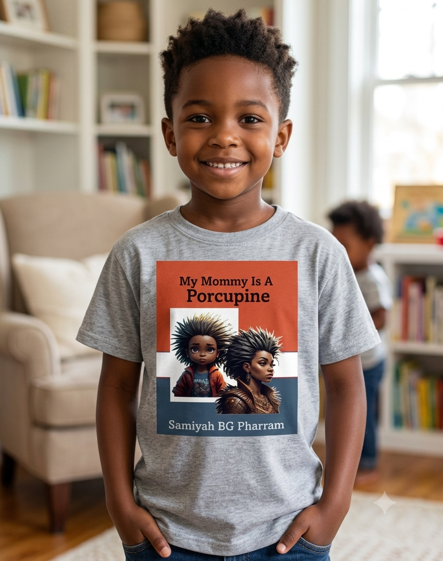 Grey t-shirt with a My Mommy Is A Porcupine print showing a child and a mom with spiky porcupine hair